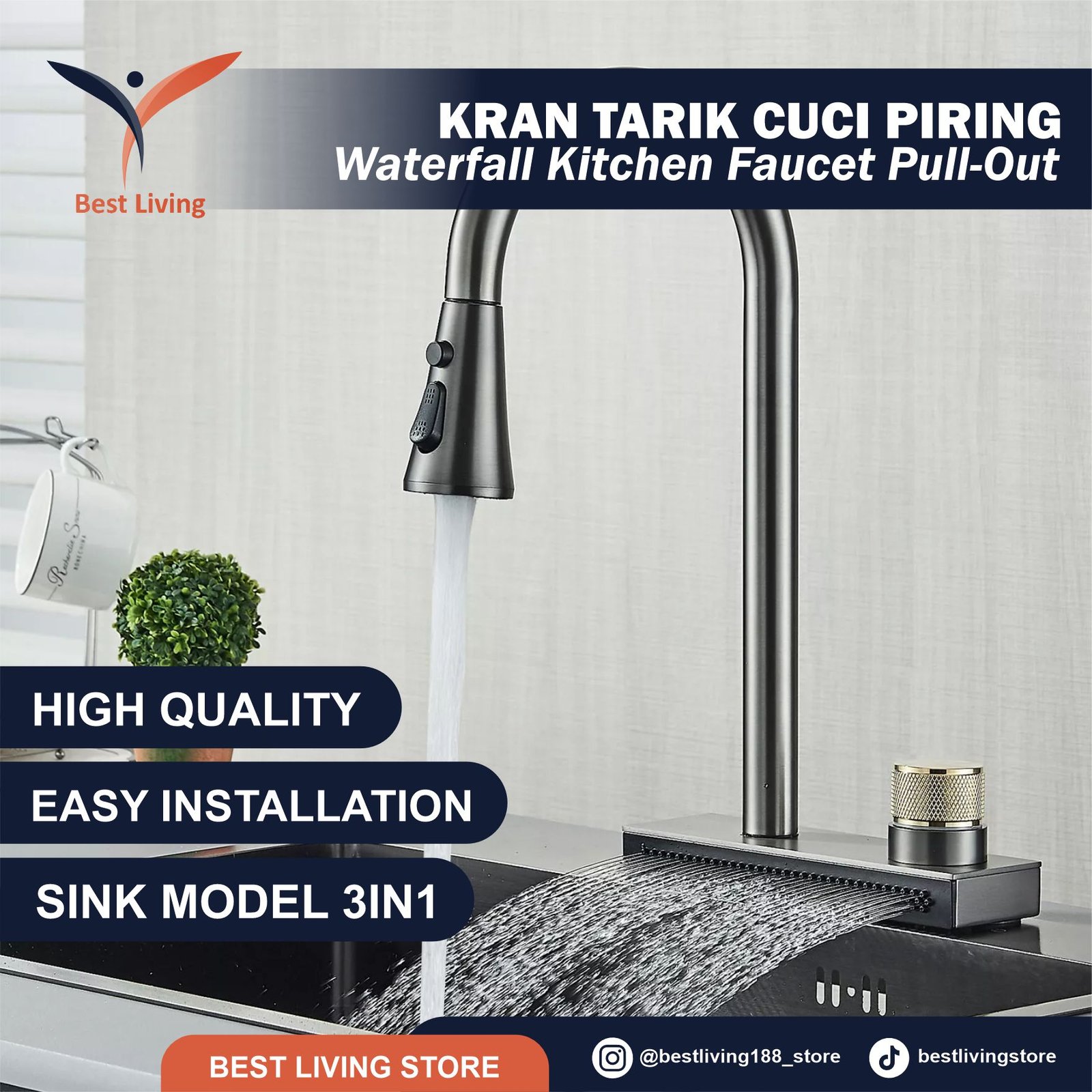 Kran Sink Wastafel Tarik Stainless High Quality - QHF-122 BRGR